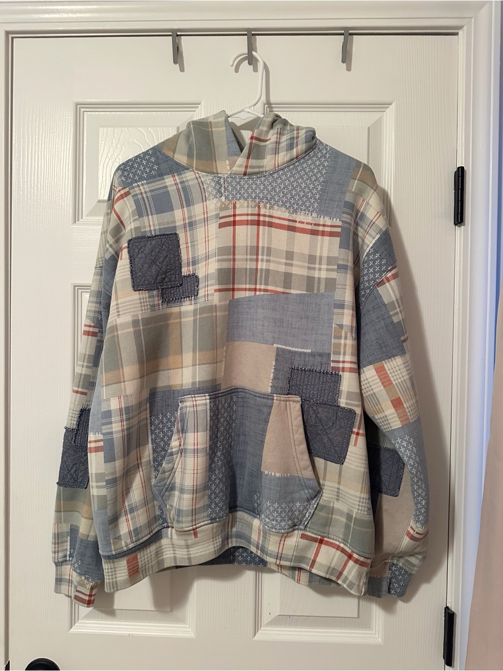 Abercrombie & Fitch Patchwork Plaid Crewneck Hoodie - Blue & Cream